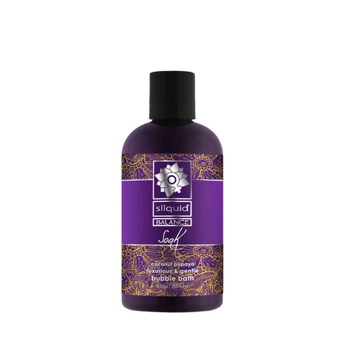 An 8.5 oz purple bottle of Sliquid Soak Luxurious Gentle Coconut Papaya Bubble Bath, pH-balanced with a gold and purple label and black cap.