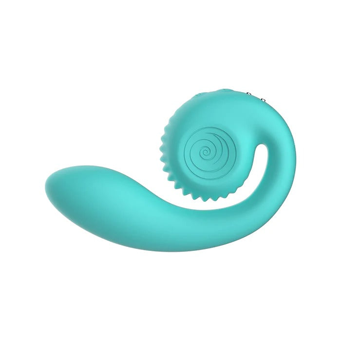 The Snail Gizi Compact Ultra Powerful 2 Motor Dual Stimulating Vibrator by Snail Vibe, available in a stunning blue color, features an ergonomic, curved design and textured ridges near one end. This sleek and modern G-spot stimulator is designed for comfort and ease of use, providing unparalleled pleasure with its intuitive form.