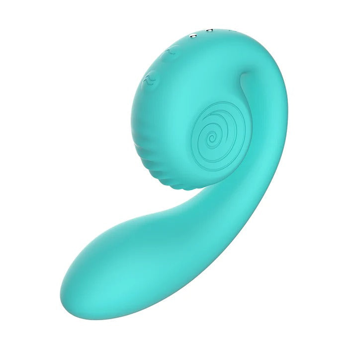 A blue, ergonomically designed dual stimulation vibrator with a curved, smooth shape and spiral patterns on the side - the Snail Vibe Gizi Compact Ultra Powerful 2 Motor Dual Stimulating Vibrator.