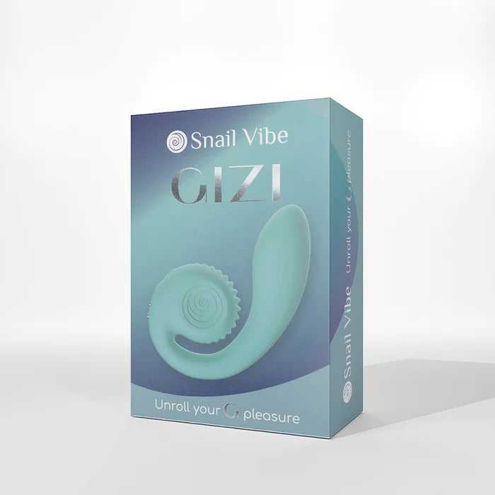 A blue Snail Vibe Gizi Compact Ultra Powerful 2 Motor Dual Stimulating Vibrator product box featuring a coiled and curved design prominently displayed. The text "Unroll your pleasure" elegantly graces the bottom, while the Snail Vibe logo is positioned in the upper left corner. The white background accentuates its elegance and promise of G-spot stimulation.