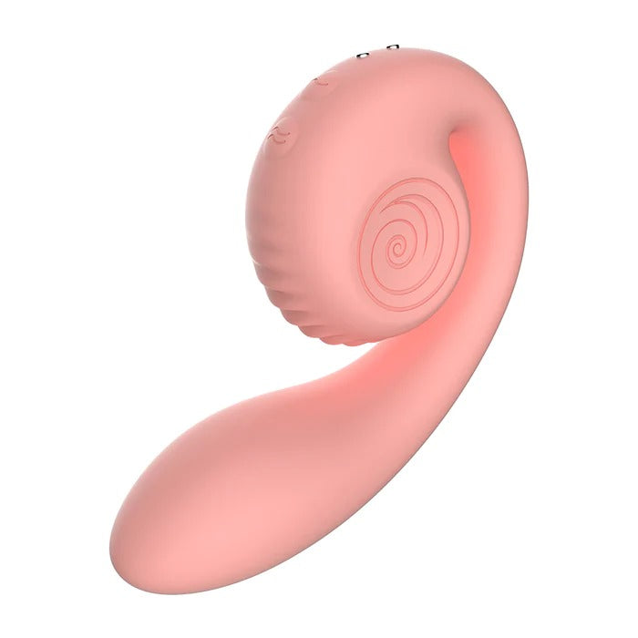 Introducing the Snail Gizi Compact Ultra Powerful 2 Motor Dual Stimulating Vibrator by Snail Vibe. This pink, snail-shaped rechargeable personal massager features a smooth, curved design with spiral detailing on the shell-like part. Ergonomically crafted for comfort and compact enough for convenience, this device offers customizable pleasure with dual and g-spot stimulation.