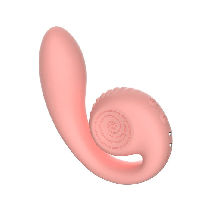 The Snail Gizi Compact Ultra Powerful 2 Motor Dual Stimulating Vibrator - Pink, by Snail Vibe, is a pink, curved personal massager with a sleek design that offers customizable pleasure. It features a spiral texture on one end and a smooth surface on the other. The device appears flexible and ergonomic, designed for intimate use.