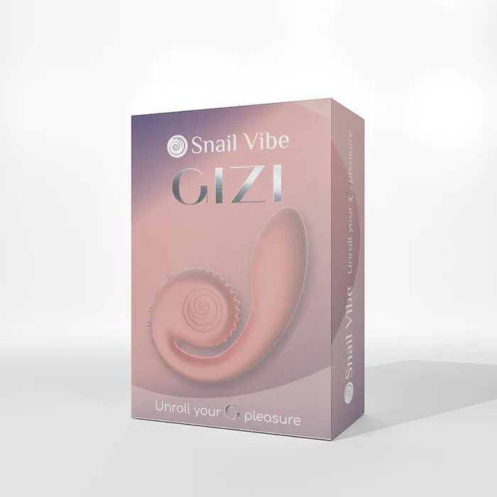 The image shows a box labeled "Snail Gizi Compact Ultra Powerful 2 Motor Dual Stimulating Vibrator - Pink" by Snail Vibe. The box depicts a long, curved object with a spiral design, indicative of the dual stimulation vibrator inside. The text on the box includes the tagline "Unroll your customizable pleasure." The background is plain and light-colored.