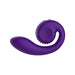 The Snail Gizi Compact Ultra Powerful 2 Motor Dual Stimulating Vibrator - Purple by Snail Vibe is a purple, curved personal massager designed with a bulbous end perfect for g-spot stimulation and a textured, spiral-patterned section at the opposite end. The design features smooth contours and ergonomic shapes, intended for personal use.