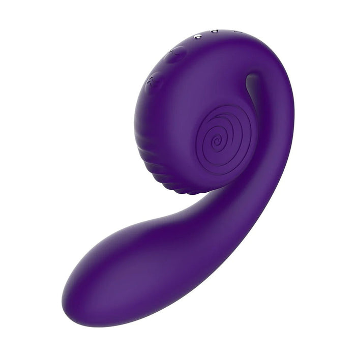 The Snail Gizi Compact Ultra Powerful 2 Motor Dual Stimulating Vibrator by Snail Vibe, in a stylish purple color, boasts an ergonomic design with a smooth, curved shape and textured detailing on the larger end. It features a sleek, modern look meticulously crafted for user comfort and efficiency, providing both g-spot stimulation for enhanced pleasure.