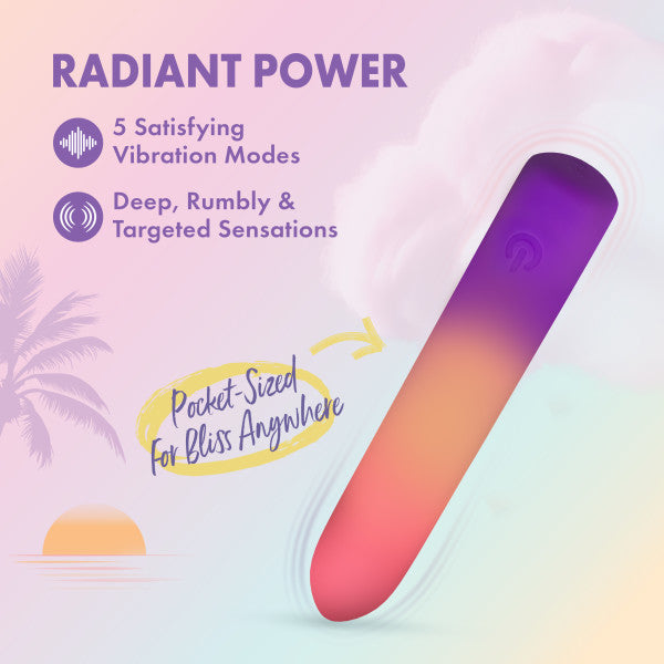 The Sunset Passion Soft Bendable Bullet Vibrator, shown in a gradient finish, is pocket-sized with 5 vibration modes, deep targeted vibrations, and portability. Displayed on a pastel background featuring sunset, palm tree, and clouds.