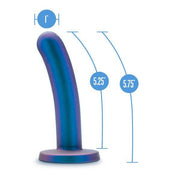 Introducing the Blush "Surrender Intermediate 5.75 Inch Silicone Beginner & Pegging Dildo." This blue gradient silicone dildo is designed with a subtle curve and smooth shaft, ideal for pegging. It includes a flared base and measures 1 inch in diameter, with an insertable length of 5.25 inches and an overall length of 5.75 inches.