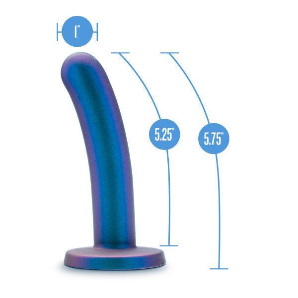 Introducing the Blush "Surrender Intermediate 5.75 Inch Silicone Beginner & Pegging Dildo." This blue gradient silicone dildo is designed with a subtle curve and smooth shaft, ideal for pegging. It includes a flared base and measures 1 inch in diameter, with an insertable length of 5.25 inches and an overall length of 5.75 inches.