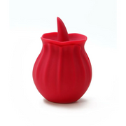Red, rose-shaped silicone vibrator with a pointed tip, designed for fluttering tongue-like stimulation.