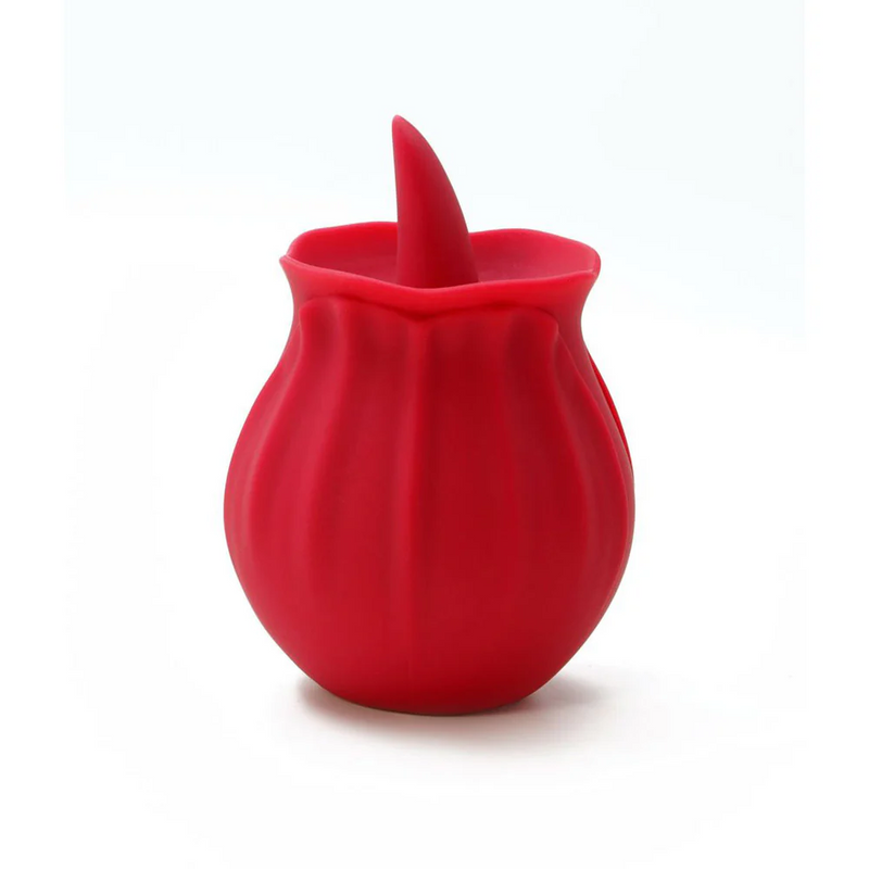 Red, rose-shaped silicone vibrator with a pointed tip, designed for fluttering tongue-like stimulation.
