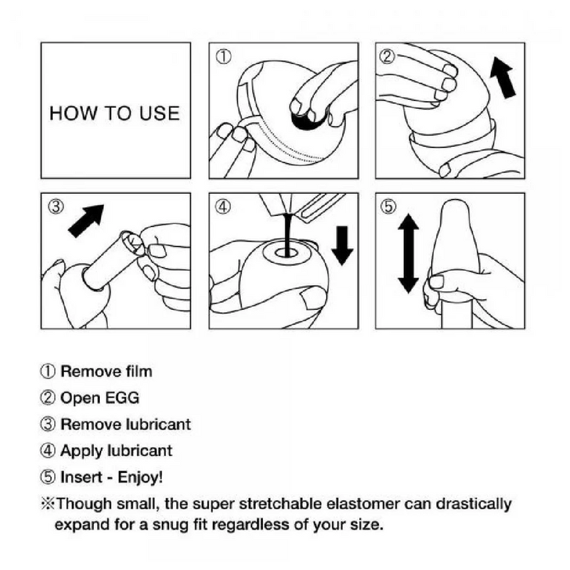 Black and white diagram showing five steps to use the Tenga Egg masturbator, from opening to insertion.