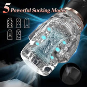 A device advertising "5 Powerful Sucking Modes" displayed in bold text. The transparent inner structure of the Male Rose 2 Powerful Sucking & Vibrating Masturbator is showcased with illustrations demonstrating different sucking patterns. The device, under the brand name Male Rose, is highlighted on a dark background with captivating blue and white light effects.