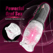 A promotional image of the viral TikTok Male Rose Powerful Rotating Masturbator with text that says "Powerful Oral Sex" and "Sexy Lips Entrance." The device is shown with a transparent, textured chamber and a black handle featuring control buttons. The background showcases pink and purple digital effects.