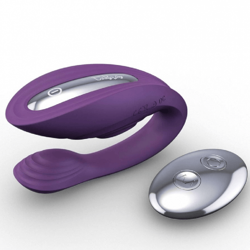 Tracy's Dog - Nina Remote Control Couple's Vibrator - Purple next to remote 