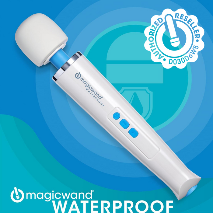 The Magic Wand Waterproof Rechargeable Cordless Vibrator, a powerful white and blue massager, is shown on a blue background with the Magic Wand logo, "Authorized Reseller" badge, and three blue handle buttons visible.