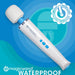 The Magic Wand Waterproof Rechargeable Cordless Vibrator, a powerful white and blue massager, is shown on a blue background with the Magic Wand logo, "Authorized Reseller" badge, and three blue handle buttons visible.
