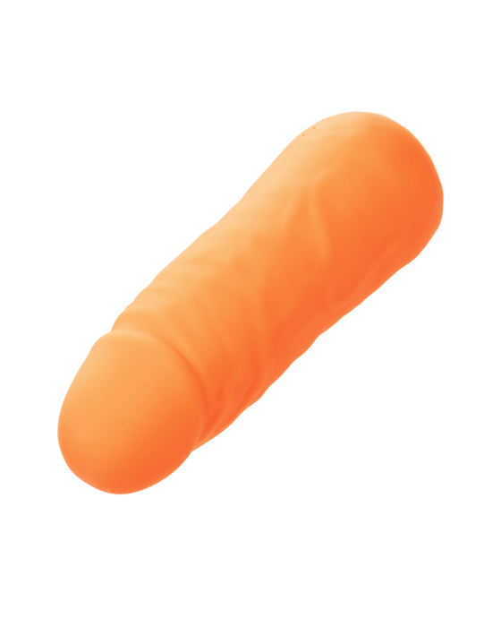 A Vibrating Stud Mini Cock Shaped Bullet Vibrator - Orange by CalExotics, used for noise reduction and ear protection, is shown against a plain white background. Crafted from body-safe silicone, the vibrator has a rounded tip and a slightly textured surface for a better fit in the ear canal.