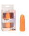 A small, orange, phallic-shaped silicone vibrator stands next to its packaging. The packaging, labeled "CalExotics Vibrating Stud Mini Cock Shaped Bullet Vibrator - Orange," displays the same powerful vibrating toy and features like "Body Safe Silicone," "4.25"/10.75 cm," and "10 functions.