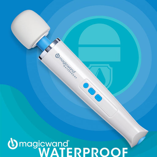 The Magic Wand Waterproof Rechargeable Cordless Vibrator, shown on a blue background with a water icon, features white and blue colors, three blue buttons, and the "Magic Wand Waterproof" logo on its handle.
