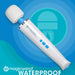 The Magic Wand Waterproof Rechargeable Cordless Vibrator, shown on a blue background with a water icon, features white and blue colors, three blue buttons, and the "Magic Wand Waterproof" logo on its handle.