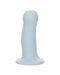 A pale blue, wavy-textured CalExotics Wave Rider Foam Short, Girthy 4.75 Inch Liquid Silicone Dildo with a curved and tapered shape, set on a sturdy base with a powerful suction cup, isolated on a white background.