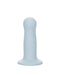 A pale blue CalExotics Wave Rider Foam Short, Girthy 4.75 Inch liquid silicone dildo with a wavy texture and a cylindrical, upright shape on a powerful suction cup base, isolated on a white background.