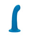 A blue Wave Rider Ripple First Time G-Spot and Prostate Silicone Dildo with a wavy texture and a curved shape standing upright on a flat base, isolated on a white background.