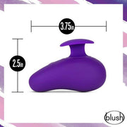 A Wellness Palm Sense Rumbly External Vibrator with Finger Hold, designed by Blush, featuring a pebble-shaped ergonomic massager in purple. It has a flat button on top and measures 3.75 inches in length and 2.5 inches in height. The image is set against a purple and pink watercolor background, with the brand name "Blush" displayed at the bottom right corner.