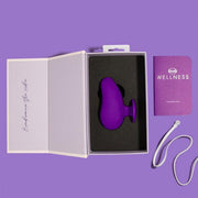 A purple, teardrop-shaped vibrator, identified as the Wellness Palm Sense Rumbly External Vibrator with Finger Hold by Blush, rests in a black foam insert within an open white box against a purple background. The box lid reads "Experience the vibe." Nearby, a purple booklet titled "Wellness" and a white USB charging cable accompany the silicone device.
