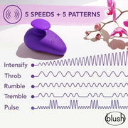 The Wellness Palm Sense Rumbly External Vibrator with Finger Hold by Blush is displayed in purple silicone beside a graphic illustrating five speed and pattern settings: Intensify, Throb, Rumble, Tremble, and Pulse. This waterproof rechargeable device boasts an ergonomic massager design. The backdrop features pink text and an image of a flower branch, with the Blush logo positioned in the bottom right corner.