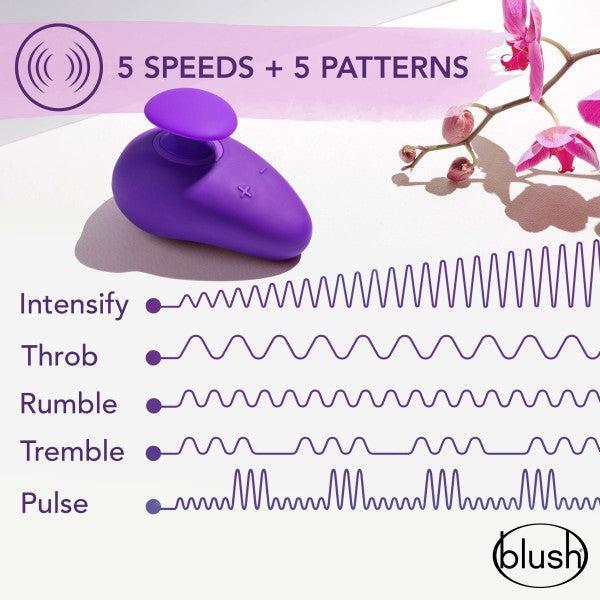 The Wellness Palm Sense Rumbly External Vibrator with Finger Hold by Blush is displayed in purple silicone beside a graphic illustrating five speed and pattern settings: Intensify, Throb, Rumble, Tremble, and Pulse. This waterproof rechargeable device boasts an ergonomic massager design. The backdrop features pink text and an image of a flower branch, with the Blush logo positioned in the bottom right corner.
