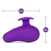The Blush Wellness Palm Sense Rumbly External Vibrator with Finger Hold is a purple, ergonomic, egg-shaped silicone vibrator featuring a curved handle on top. Its dimensions are 3.75 inches in length and 2.5 inches in height.