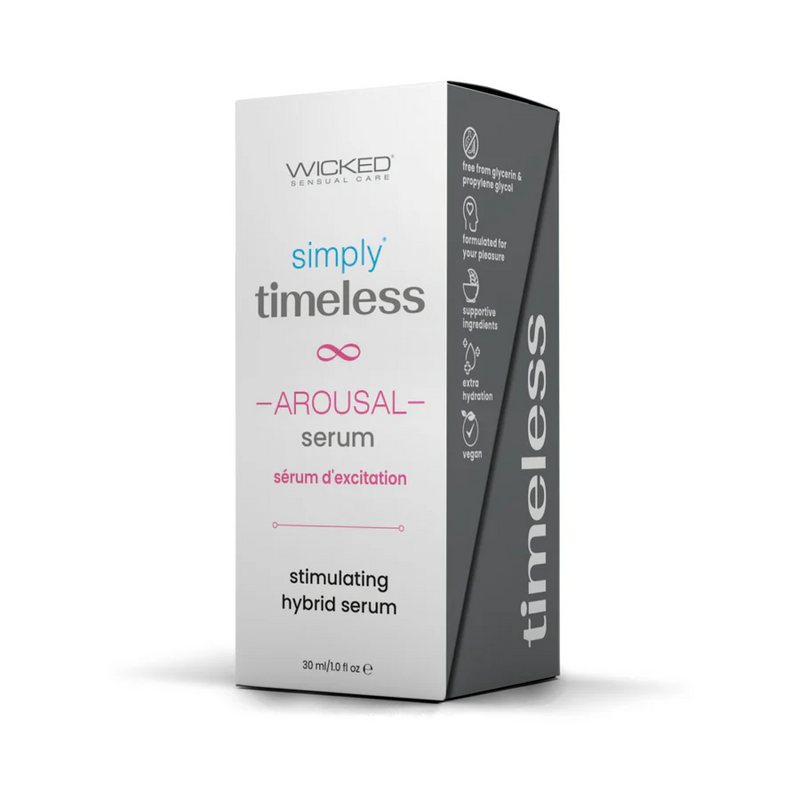 A 30ml box of Wicked Simply Timeless Arousal Serum, a stimulating hybrid clitoral serum that's vegan, cruelty-free, and free from glycerin and propylene glycol.