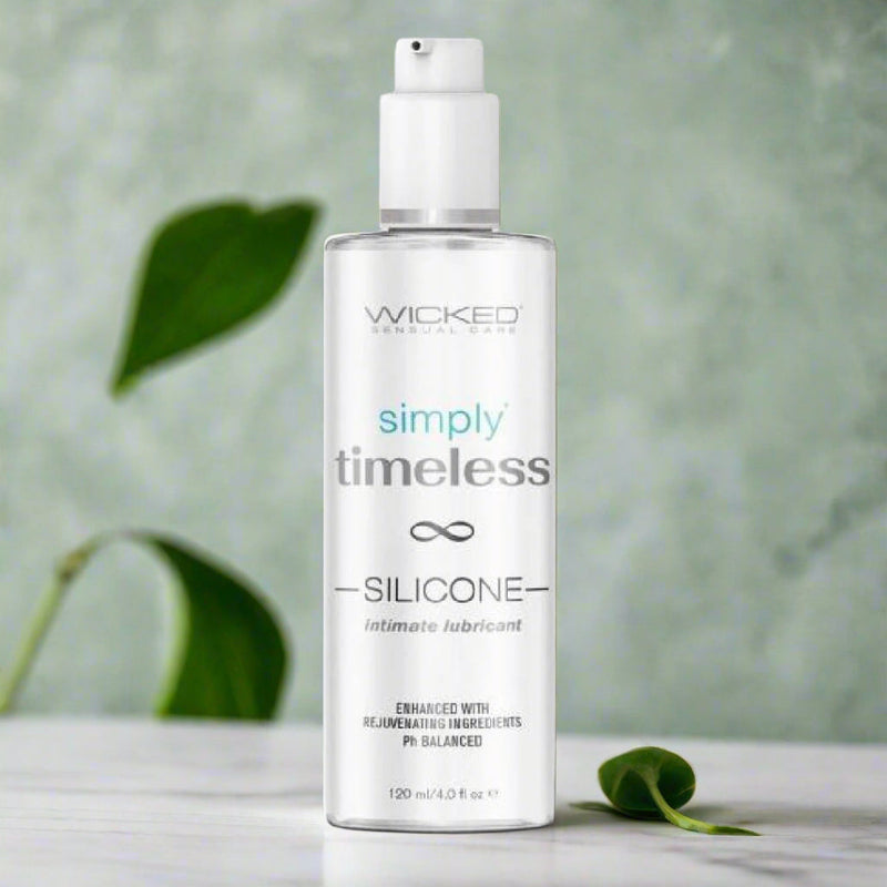 Wicked Simply Timeless Silicone brid Lubricant - 4 oz white bottle on white background 