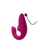 A pink, curved, U-shaped wearable vibrator with control buttons on the surface and a black charging cable attached. This Womanizer Blend Pleasure Air Clitoral & G-Spot Rabbit - Pink by Womanizer is designed for personal use and features a smooth, ergonomic shape for comfort and ease of use.