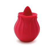 Red silicone Rose Lix FlutteringTongue Vibrator, shaped like a rosebud with a tongue-like stimulator.