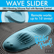 Promotional image for the Wave Slider Remote Control Vibrating Humping Pad, a blue silicone, waterproof pad with wavy textured ridges and remote operation from up to 16 feet away for convenience.