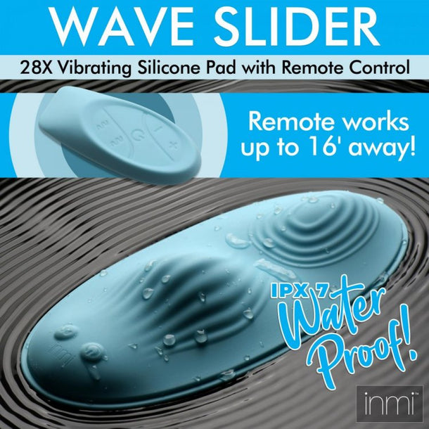 Promotional image for the Wave Slider Remote Control Vibrating Humping Pad, a blue silicone, waterproof pad with wavy textured ridges and remote operation from up to 16 feet away for convenience.