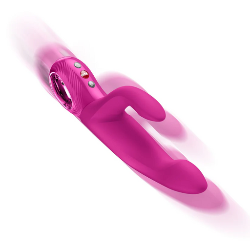 Pink velvety silicone rabbit vibrator with a thrusting shaft, external stimulator, and control buttons.