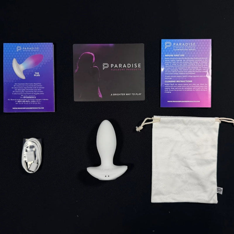 White LED butt plug with flared base, USB charging cable, drawstring pouch, and Paradise Pleasure Products instructions.