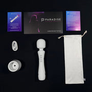 White Illumination Wand LED vibrator, charging cable, stand, storage bag, and Paradise Pleasure Products packaging.