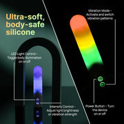 White, ultra-soft silicone bullet vibrator with glowing rainbow LED light, showing control buttons.