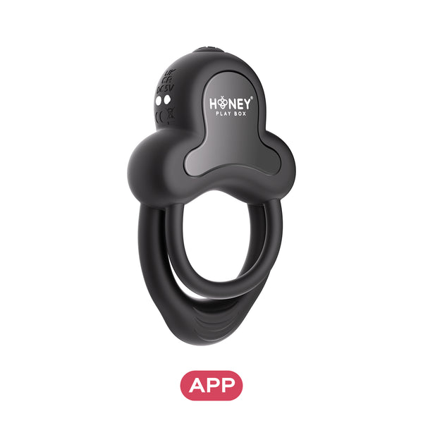 The Anello App-Controlled Vibrating Double Cock Ring with Clitoral Stimulator features dual silicone rings, a cloud-shaped top, "HONEY PLAY BOX" branding, and app connectivity highlighted by a pink "APP" icon below the ring.