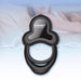 The Anello App-Controlled Vibrating Double Cock Ring with Clitoral Stimulator is shown in black, connected to an app, with a soft-focus woman in the background and wavy lines illustrating its vibration effects.