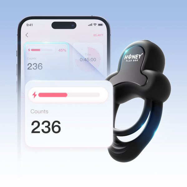 A black Anello App-Controlled Vibrating Double Cock Ring with Clitoral Stimulator rests before a smartphone showing app-connected performance stats, including a count of 236 and progress bars.