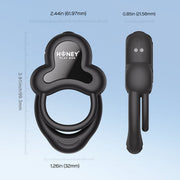 Front and side view of the black Anello App-Controlled Vibrating Double Cock Ring with Clitoral Stimulator. Dimensions: 3.91in x 2.44in x 1.26in (front), 0.85in wide (side). Blue gradient background; "Honey Play Box" branding visible.