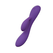 Purple UltraSilk satin-smooth silicone rabbit vibrator with a curved shaft and flexible teaser.
