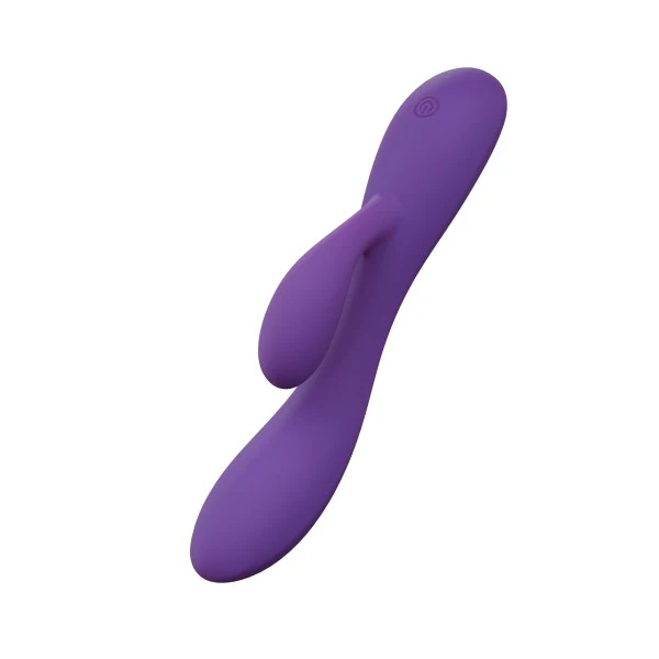Purple UltraSilk satin-smooth silicone rabbit vibrator with a curved shaft and flexible teaser.