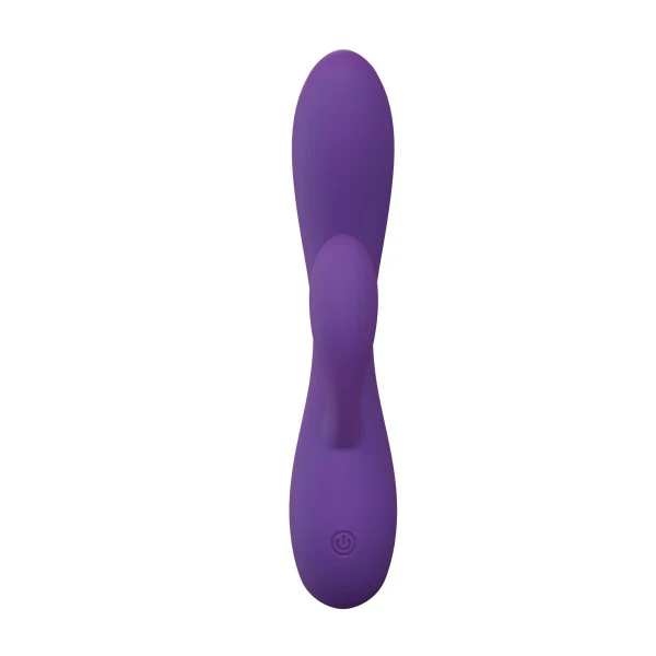 Purple UltraSilk satin-smooth silicone rabbit vibrator with a curved shaft and flexible teaser.