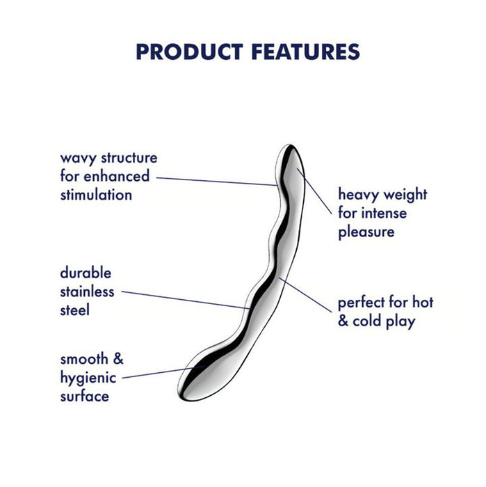 A diagram of the Satisfyer Cosmic Crest 2 Stainless Steel Dildo with labels: wavy design, premium stainless steel, smooth hygienic surface, weighted for sensation, ideal for G-spot play and temperature play (hot or cold).